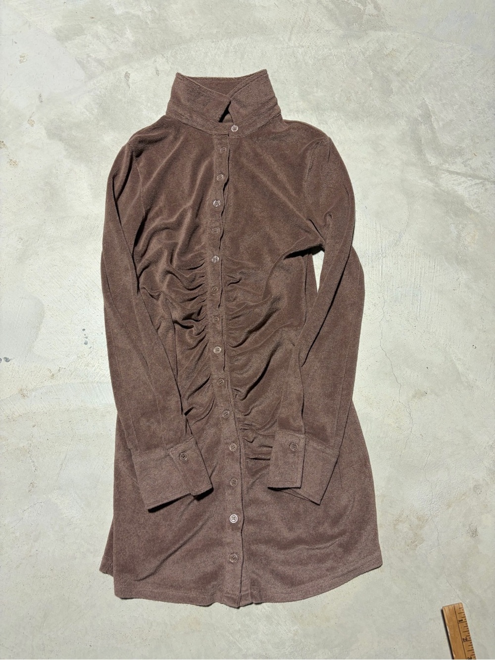 Beige botany Brown Button-Front Ruched Terry cloth  Dress medium